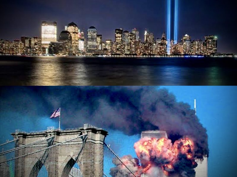 NYC Twin Towers Burning; Memorial lights
