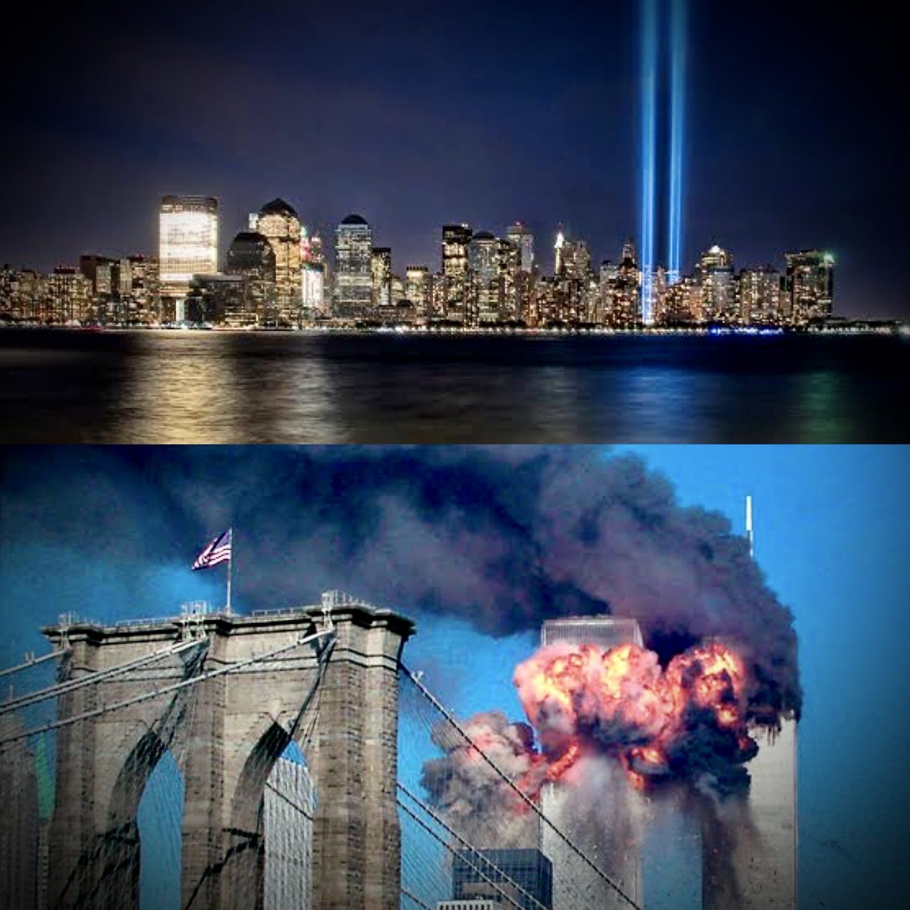 NYC Twin Towers Burning; Memorial lights