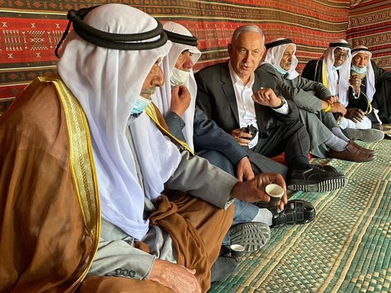 Israeli Prime Minister Benjamin Netanyahu meets with Bedouin as part of talking with voters prior to the March 23 election, March 7, 2021.