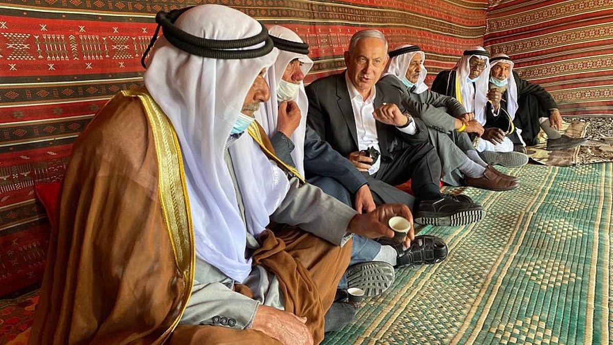 Israeli Prime Minister Benjamin Netanyahu meets with Bedouin as part of talking with voters prior to the March 23 election, March 7, 2021.