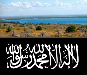 Top: Baobab field near Pemba bay, Pemba, Cabo Delgado, Mozambique, Image: F-Mira, Creative Commons. Bottom: Flag of Jihad used by Al-Shabaab and other IS affiliates, Commons.