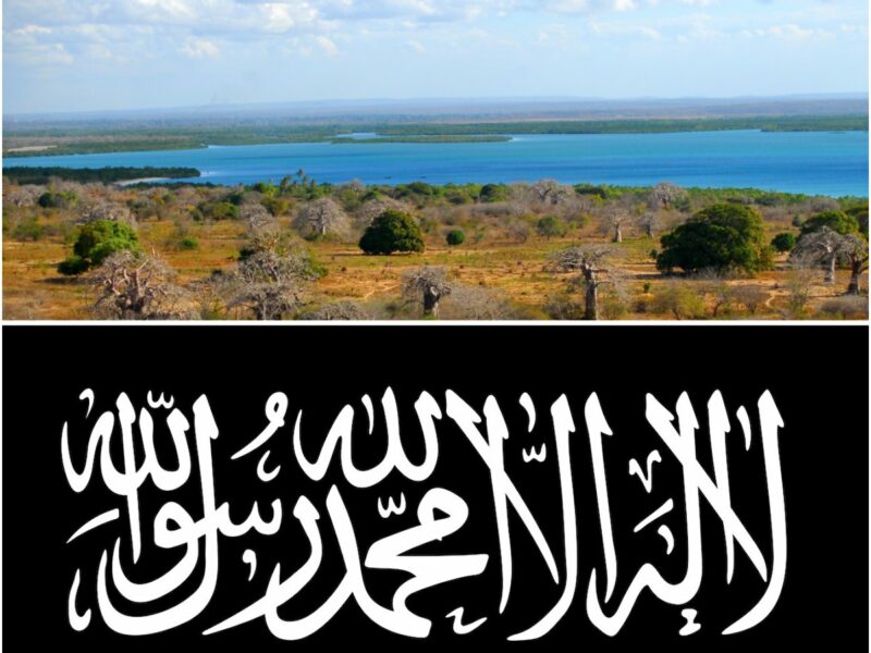 Top: Baobab field near Pemba bay, Pemba, Cabo Delgado, Mozambique, Image: F-Mira, Creative Commons. Bottom: Flag of Jihad used by Al-Shabaab and other IS affiliates, Commons.