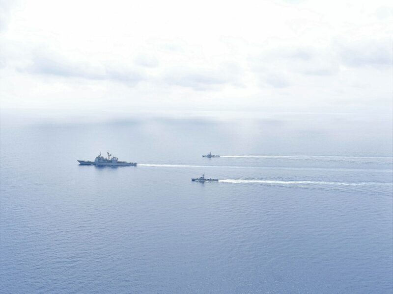 Israeli naval forces and the Ticonderoga-class guided missile cruiser “USS Monterey” conduct maritime security operations in the Eastern Mediterranean Sea, March 15, 2021.Credit: U.S. Navy.