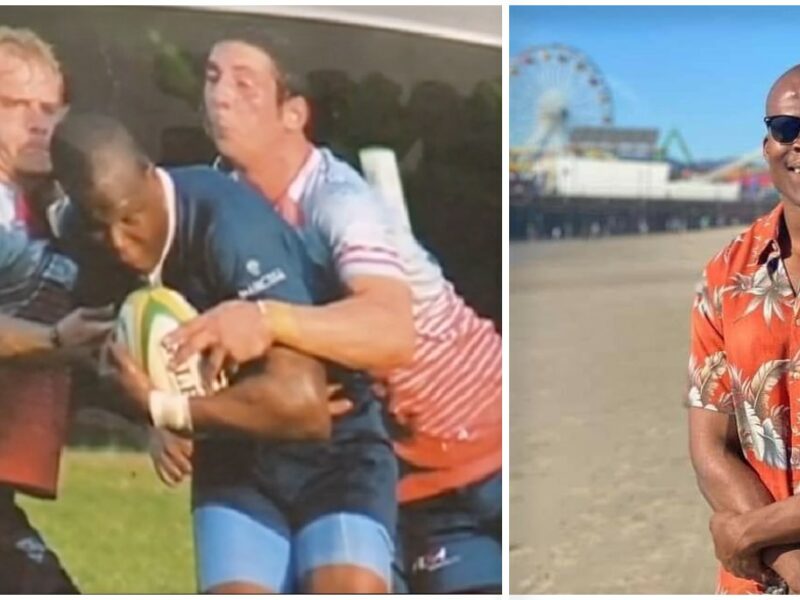 Lindani Myeni playing rugby, screenshot Youtube; Lindani Myeni, Facebook.