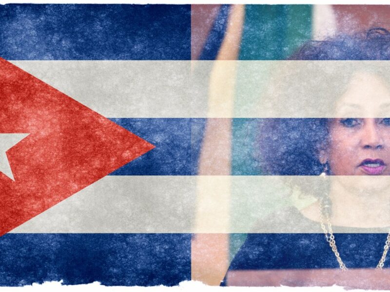 Lindiwe Sisulu (commons) behind the flag of Cuba (commons).
