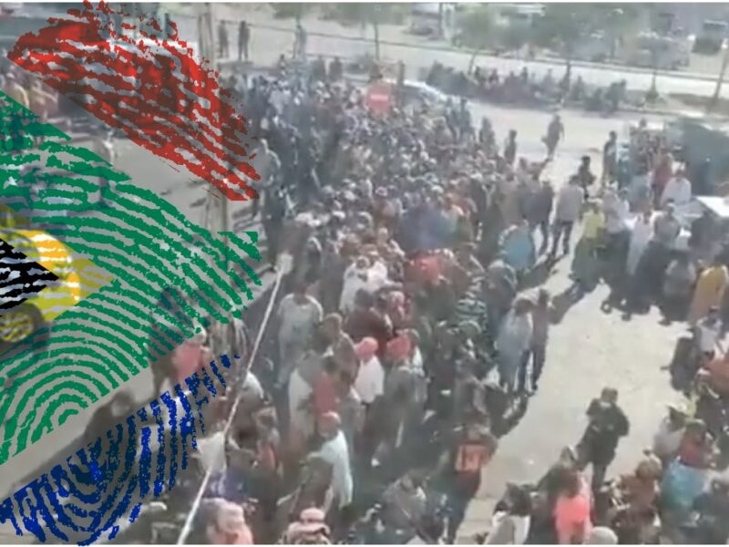 Unemployment line outside SA social services office (screenshot Gov Social Dev Twitter); SA flag thumbprint.