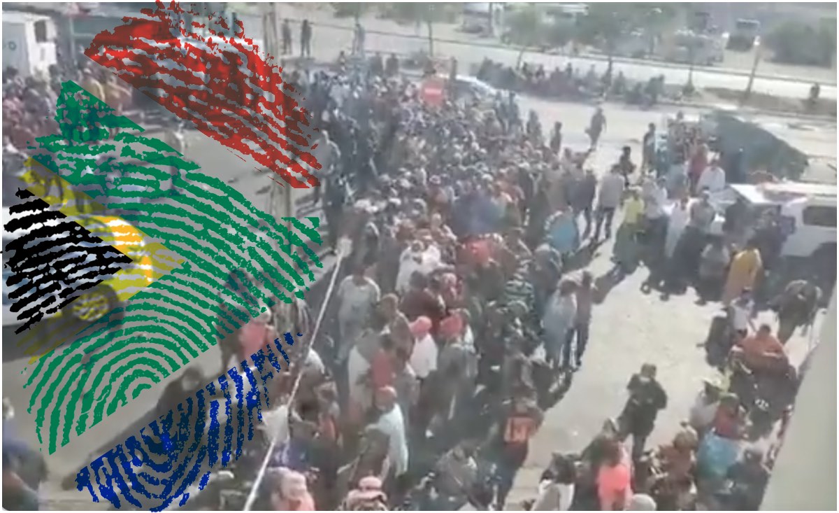 Unemployment line outside SA social services office (screenshot Gov Social Dev Twitter); SA flag thumbprint.