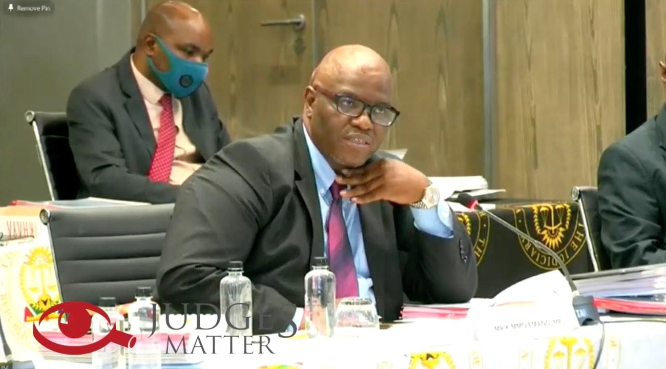 Commissioner Mmoiemang questioning Judge Unterhalter, April 2021. Youtube Screenshot.
