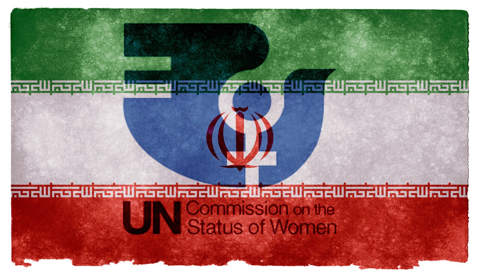 The flag of Iran overshadows the UN Commission on the Status of Women.
