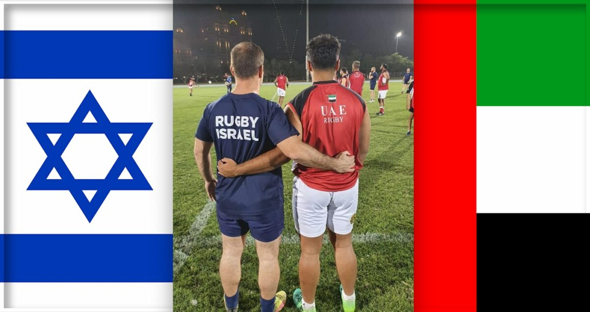 Israeli and Emirati Rugby team members show friendship at the first match between Israel and United Arab Emirates, March 2021. Source: Israeli National Rugby Team social media, flags: commons.