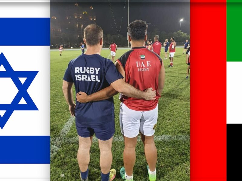 Israeli and Emirati Rugby team members show friendship at the first match between Israel and United Arab Emirates, March 2021. Source: Israeli National Rugby Team social media, flags: commons.