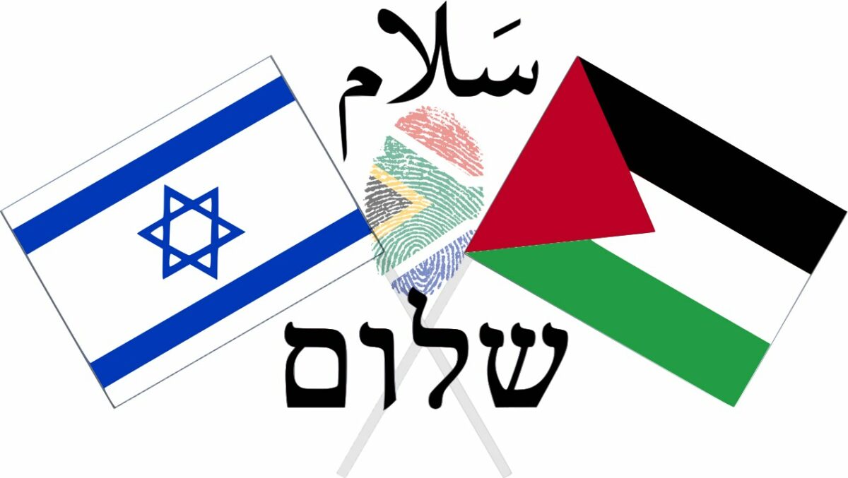 Israeli and Palestinian flags with the word for peace in both Arabic (Salaam/Salam السلام) and Hebrew (Shalom שלום). Makaristos, commons. South Africa flag thumbprint, commons.
