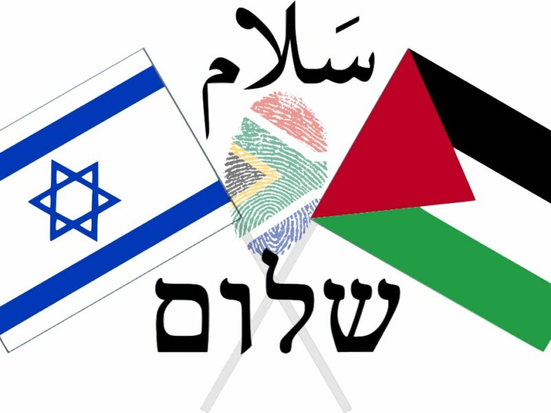 Israeli and Palestinian flags with the word for peace in both Arabic (Salaam/Salam السلام) and Hebrew (Shalom שלום). Makaristos, commons. South Africa flag thumbprint, commons.