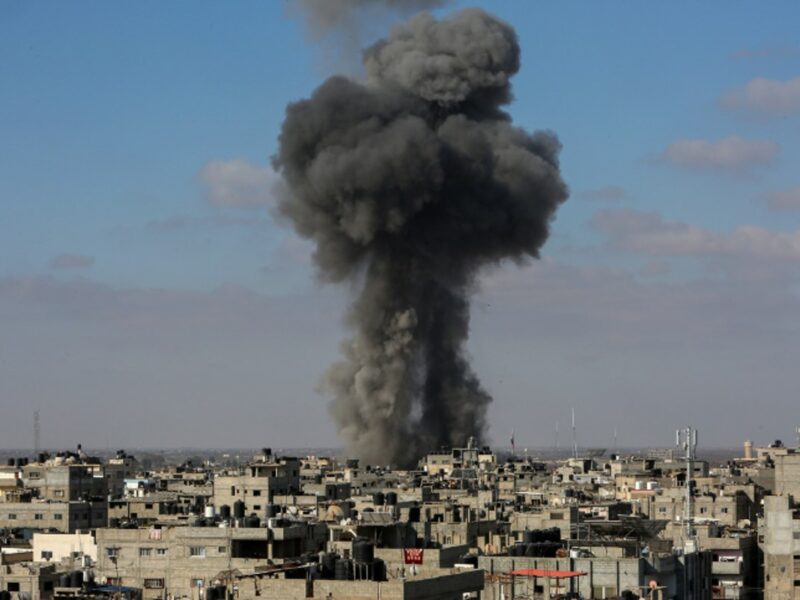 Smoke billows after an Israeli airstrike on the city of Rafah, in the southern Gaza Strip, on May 13, 2021. Photo by Atia Mohammed/Flash90.