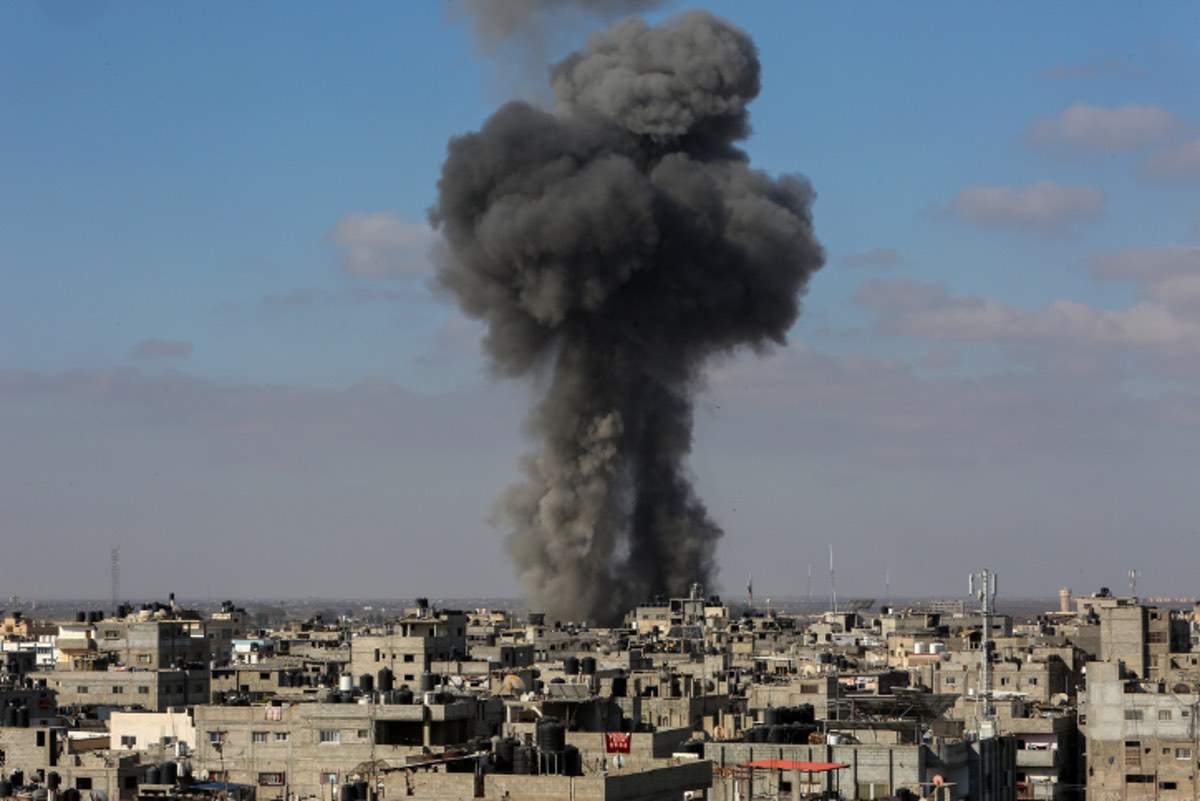 Smoke billows after an Israeli airstrike on the city of Rafah, in the southern Gaza Strip, on May 13, 2021. Photo by Atia Mohammed/Flash90.