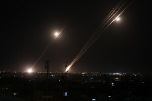 Rockets are launched towards Israel from Rafah, in the southern Gaza Strip, early on May 12, 2021. Photo by Abed Rahim Khatib/Flash90.