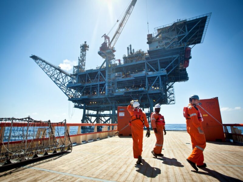 Workers on the Israeli Tamar gas processing rig off the coast of Ashkelon. Noble Energy and Delek are the main partners in the Tamar gas field, estimated to contain 10 trillion cubic feet of gas. June 23, 2014. Photo by Moshe Shai/Flash90.