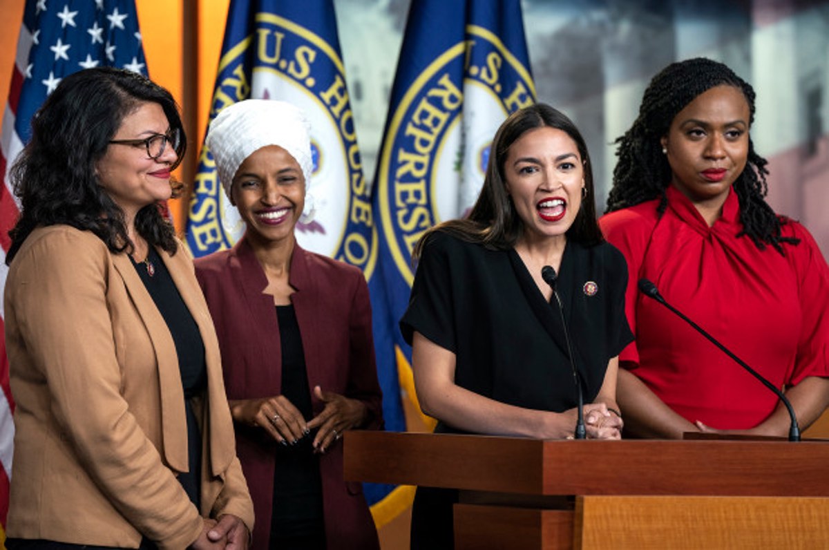 From left: Reps. Rashida Tlaib (D-Mich.), Ilhan Omar (D-Minn.), Alexandria Ocasio-Cortez (D-N.Y.) and Ayanna Pressley (D-Mass.). Source: Screenshot.