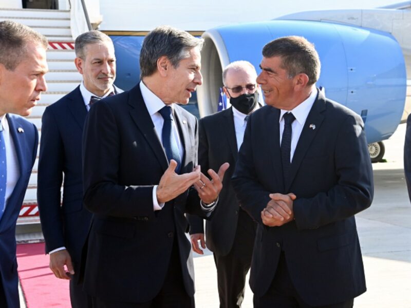 U.S. Secretary of State Antony Blinken disembarks after landing at Ben-Gurion International Airport in Israel on May 25, 2021. The secretary was greeted by Israeli Foreign Minister Gabi Ashkenazi and U.S. Embassy Jerusalem Chargé d'Affaires Jonathan Shrier. Photo by Matty Stern/U.S. Embassy Jerusalem.
