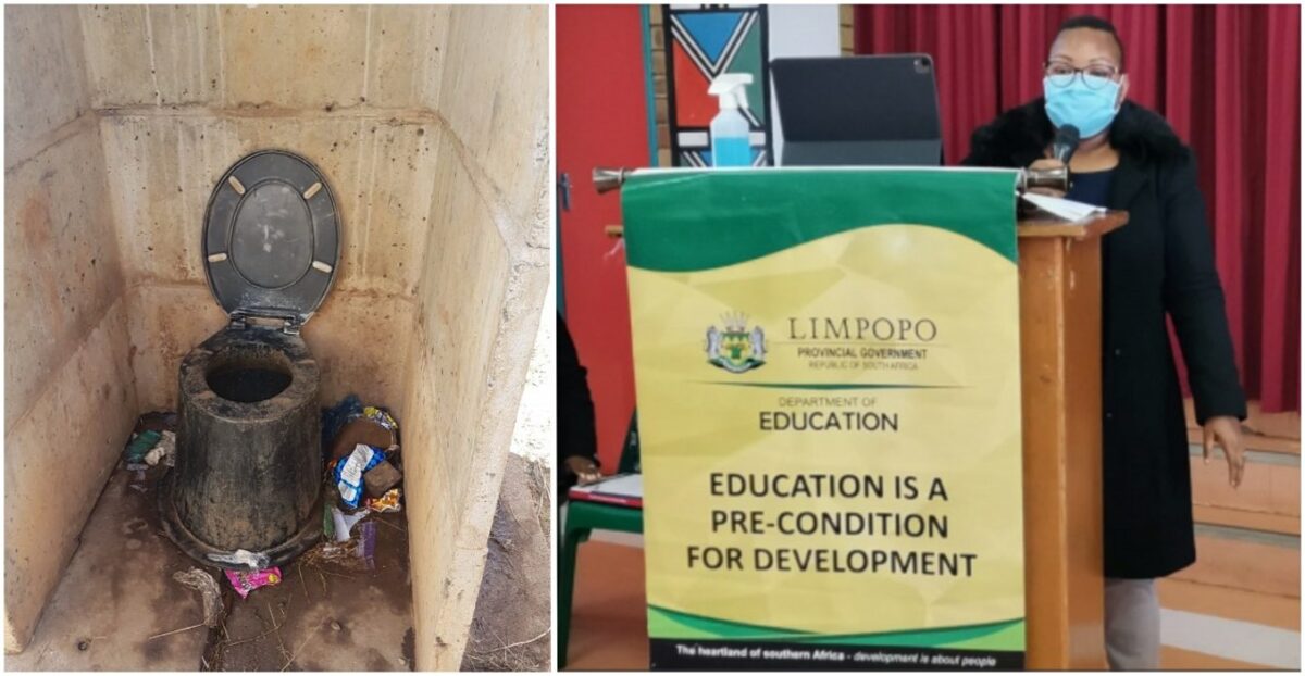 School pit toilet, source: DA; Member of the Executive Council (MEC) for Education Polly Boshielo, source: ANC Gov.