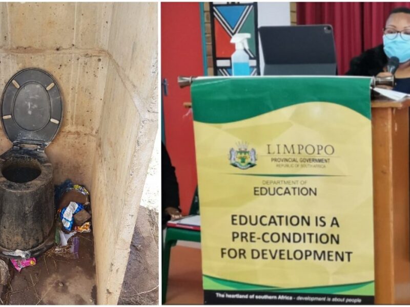 School pit toilet, source: DA; Member of the Executive Council (MEC) for Education Polly Boshielo, source: ANC Gov.