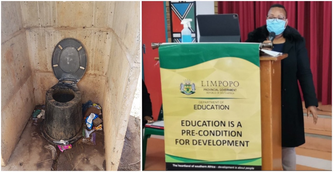 School pit toilet, source: DA; Member of the Executive Council (MEC) for Education Polly Boshielo, source: ANC Gov.