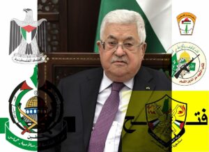 Palestinian Authority President Mahmoud Abbas, source: Kremlin.ru, commons; Logos of Palestinian organisations: Fatah, Al-Qassam, Hamas, PLO and Palestinian Authority.