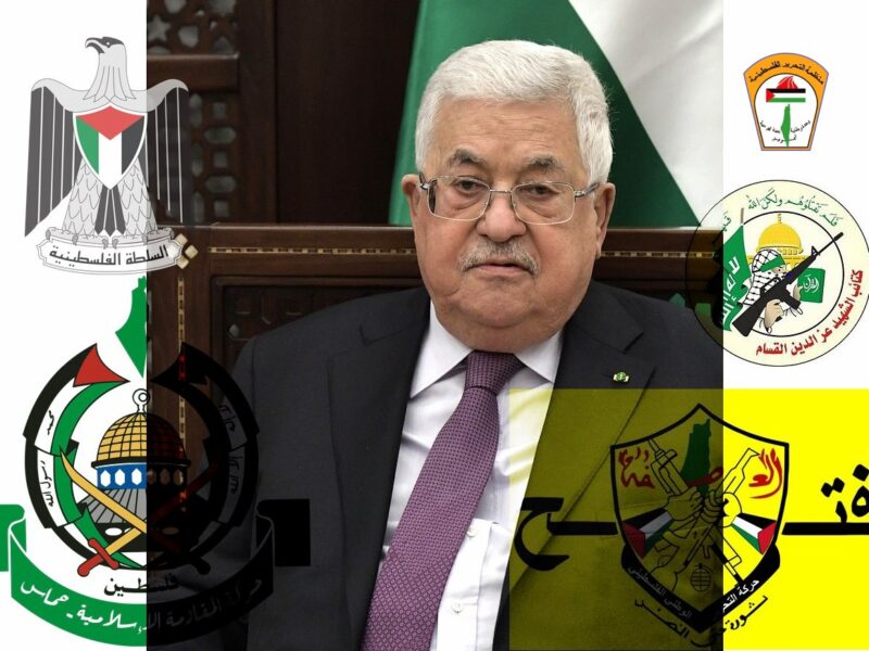 Palestinian Authority President Mahmoud Abbas, source: Kremlin.ru, commons; Logos of Palestinian organisations: Fatah, Al-Qassam, Hamas, PLO and Palestinian Authority.
