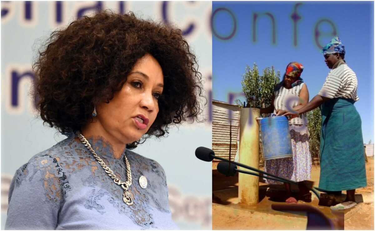 Minister Lindiwe Sisulu addresses the 7th Ministerial Conference of the Forum on China-Africa Cooperation, Beijing 2 Aug 2018, GovZA; Rural women at a water-pump, SA, commons.