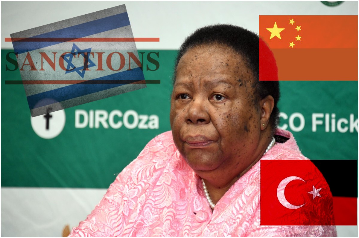 Minister Pandor briefs media on SADC events, 2019, GovZA; South Africa is friends with Turkey & China but the Minister supports Sanctions Israel. Flags - commons.