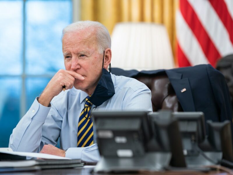 U.S. President Joe Biden participates in a conference phone call in the Oval Office of the White House on Feb. 16, 2021. Credit: Official White House Photo by Lawrence Jackson.