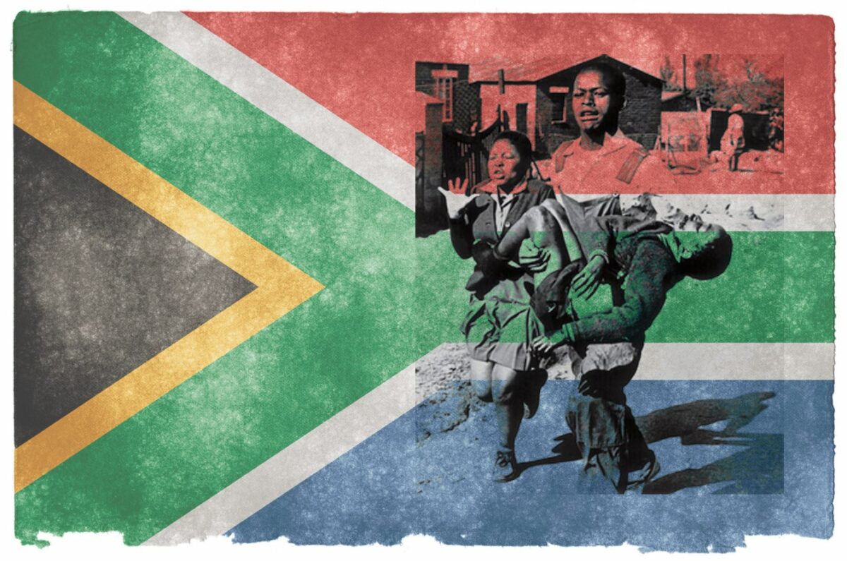 SA Flag, by Nicolas Raymond, Flickr (https://www.flickr.com/photos/80497449@N04/7378191388); Antoinette Sithole & Mbuyisa Makhubo carrying 12-year-old Hector Pieterson moments after he was shot by police during a peaceful student demonstration in Soweto, South Africa, Photo by Sam Nzima, commons.