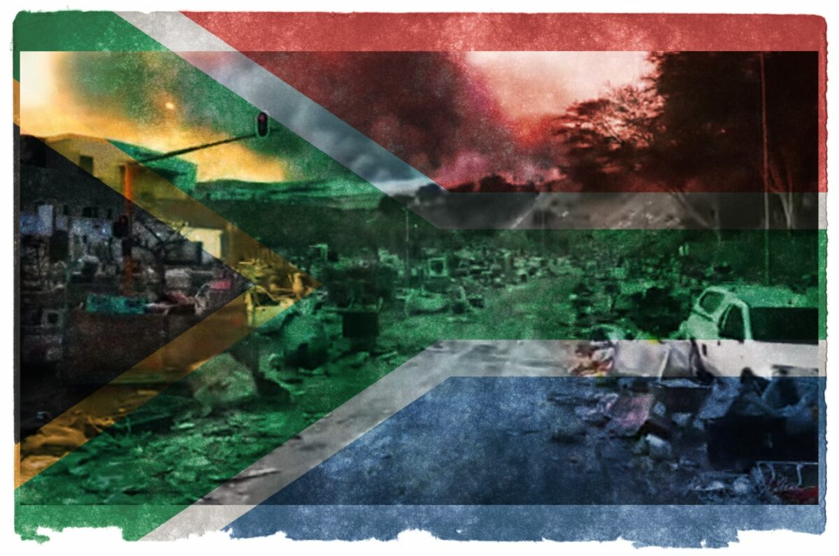 SA flag grunge, Nicolas Raymond, Flickr; KZN damage, screenshot.