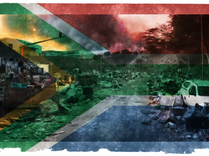 SA flag grunge, Nicolas Raymond, Flickr; KZN damage, screenshot.