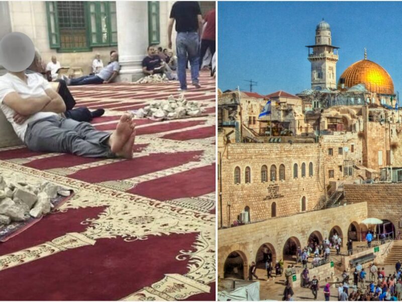 Youths with rocks sitting in Al Aqsa Mosque, Twitter; Wailing Wall by Neil Howard, Flickr.