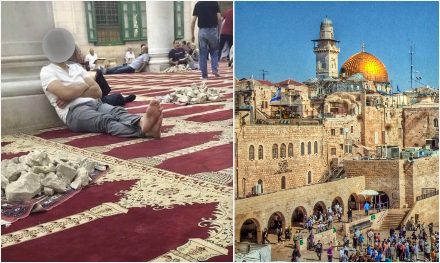 Youths with rocks sitting in Al Aqsa Mosque, Twitter; Wailing Wall by Neil Howard, Flickr.