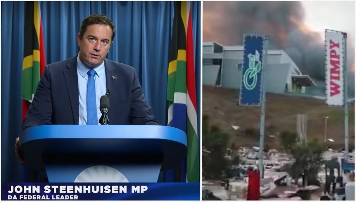 DA leader John Steenhuisen, source DA; KZN Damage, source: Screenshot FB.