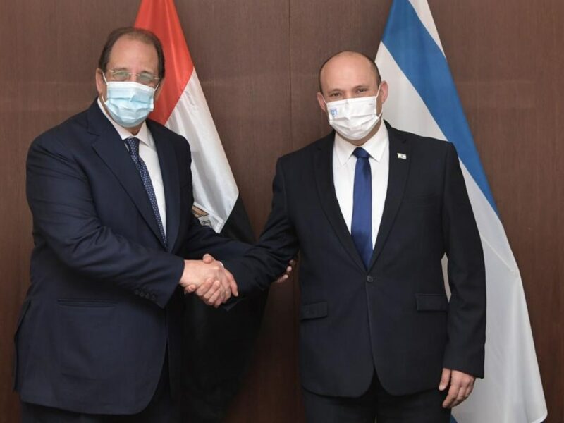 Israeli Prime Minister Naftali Bennett met with Egyptian Intelligence Minister Abbas Kamel in Israel on Aug. 18, 2021. Source: Twitter/PMO.