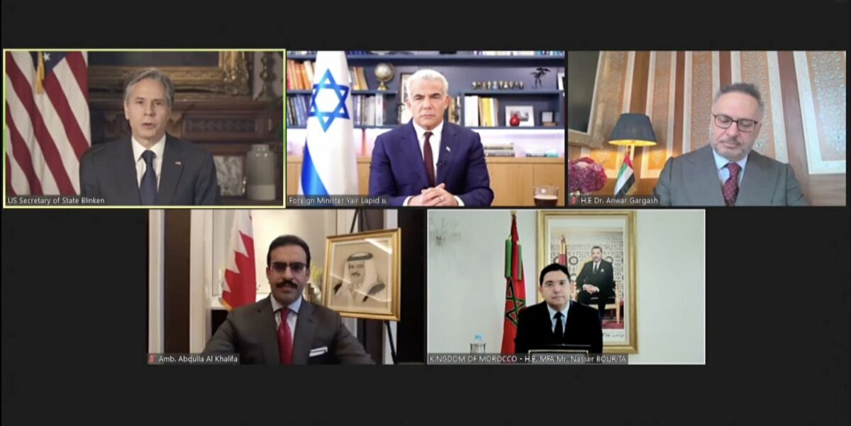 U.S. Secretary of State Antony Blinken was joined by Israeli Foreign Minister Yair Lapid, former United Arab Emirates Foreign Minister Anwar Gargash, Bahrain’s Ambassador to the United States Shaikh Abdulla bin Rashid bin Abdulla Al Khalifa and Moroccan Foreign Minister Nasser Bourita in the livestreamed meeting. Source: Screenshot.