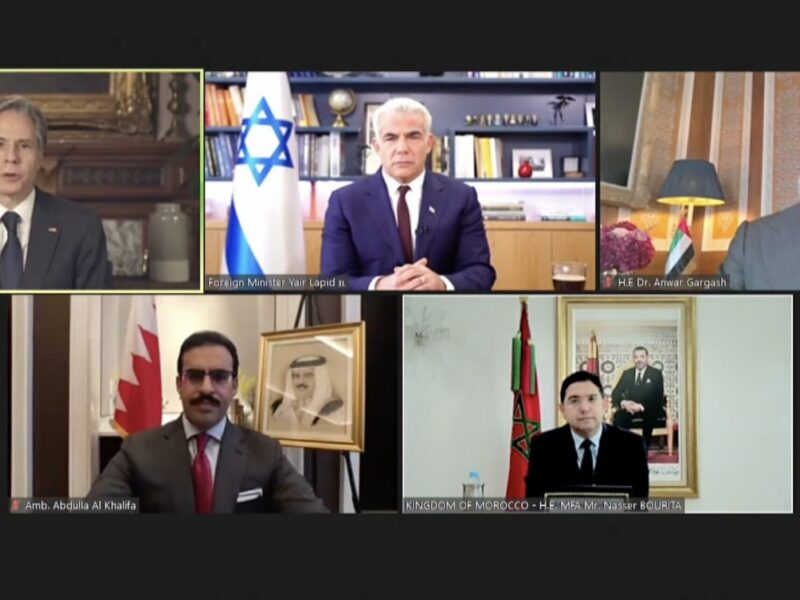 U.S. Secretary of State Antony Blinken was joined by Israeli Foreign Minister Yair Lapid, former United Arab Emirates Foreign Minister Anwar Gargash, Bahrain’s Ambassador to the United States Shaikh Abdulla bin Rashid bin Abdulla Al Khalifa and Moroccan Foreign Minister Nasser Bourita in the livestreamed meeting. Source: Screenshot.