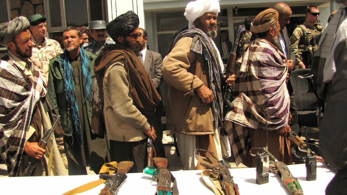 GHŌR, Afghanistan (May 28, 2012) – Former Taliban fighters line up to handover their Rifles to the Government of the Islamic Republic of Afghanistan during a reintegration ceremony at the provincial governor’s compound. The re-integrees formally announced their agreement to join the Afghanistan Peace and Reintegration Program during the ceremony. (Department of Defense photograph by Lt. j. g. Joe Painter/RELEASED).