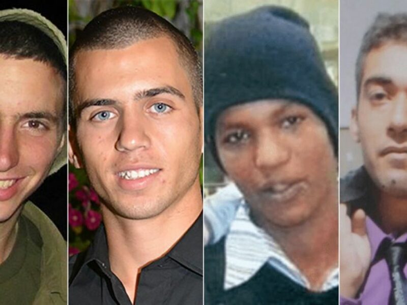 From left to right: Hadar Goldin, Oron Shaul, Avera Mengistu and Hisham al-Sayed. The bodies of IDF soldiers Goldin and Shaul, and live Israeli civilians Mengistu and al-Sayed, are being held by Hamas in Gaza. Credit: Montage of courtesy photos by JCPA.