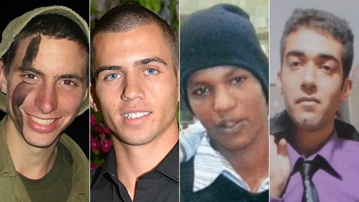 From left to right: Hadar Goldin, Oron Shaul, Avera Mengistu and Hisham al-Sayed. The bodies of IDF soldiers Goldin and Shaul, and live Israeli civilians Mengistu and al-Sayed, are being held by Hamas in Gaza. Credit: Montage of courtesy photos by JCPA.