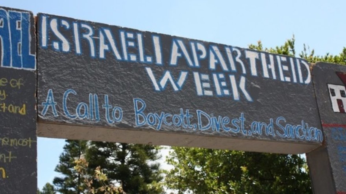 A sign for "Israeli Apartheid Week," the annual international anti-Israel showcase, on the campus of the University of California, Irvine, in May 2010. Credit: AMCHA Initiative.