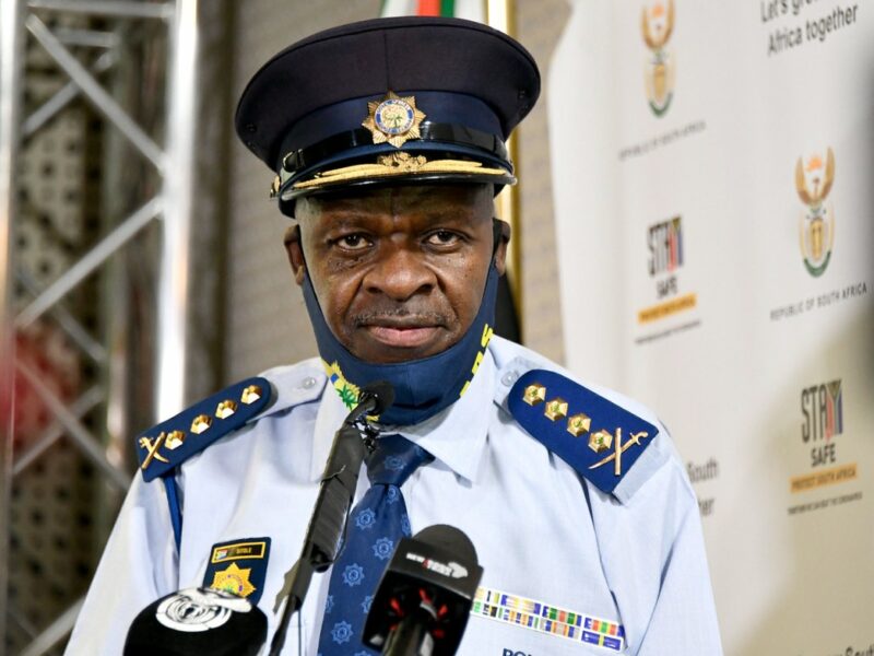 Police Minister, General Bheki Cele together with National Commissioner, General Khehla Sitole briefing media on developments in the Senzo Meyiwa murder case, 26 Oct 2020. Pic by SA Gov.