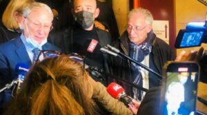 Alain and Daniel Knoll — sons of murdered Holocaust survivor Mireille Knoll — speaking to the media following the verdict in the trial of their mothers’ accused killers. Photo: Twitter