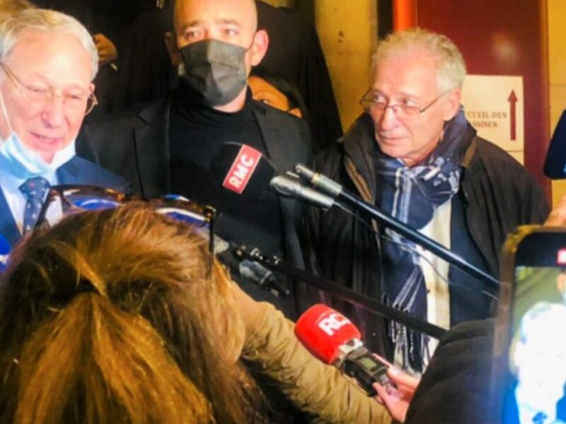 Alain and Daniel Knoll — sons of murdered Holocaust survivor Mireille Knoll — speaking to the media following the verdict in the trial of their mothers’ accused killers. Photo: Twitter