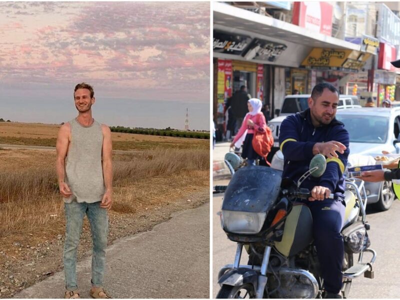 Left: The late Eliyahu David Kay, source: FB; Right: Hamas supporters hand out sweets in the streets in celebration of Eli Kay's murder, source: Twitter, A Mayer.