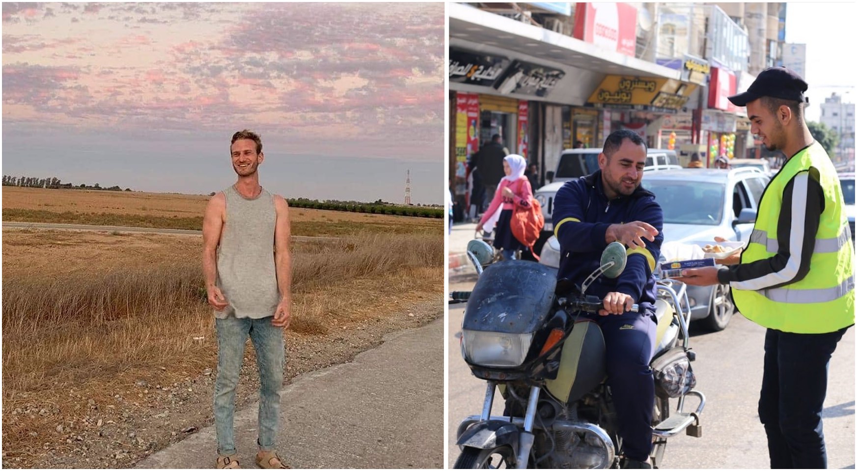 Left: The late Eliyahu David Kay, source: FB; Right: Hamas supporters hand out sweets in the streets in celebration of Eli Kay's murder, source: Twitter, A Mayer.