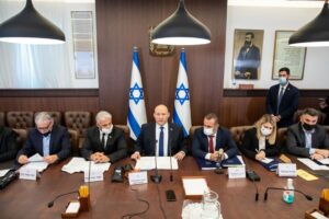 Israeli Prime Minister Naftali Bennett leads the weekly Cabinet meeting at the Prime Minister's Office in Jerusalem, Dec. 5, 2021. Photo by Emil Salman/POOL.